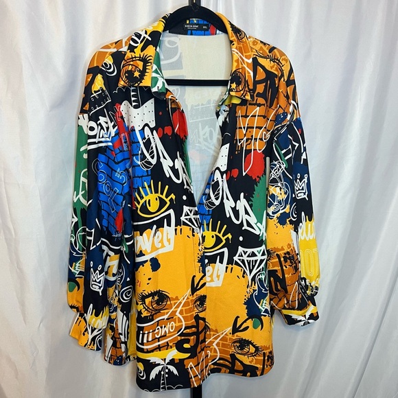 Shein Curve Graffiti Print Button Front Shirt, size 0XL - Picture 1 of 6